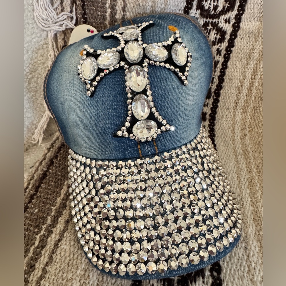 NWT Women’s Y2K Denim Bling Hat w Rhinestone Cross